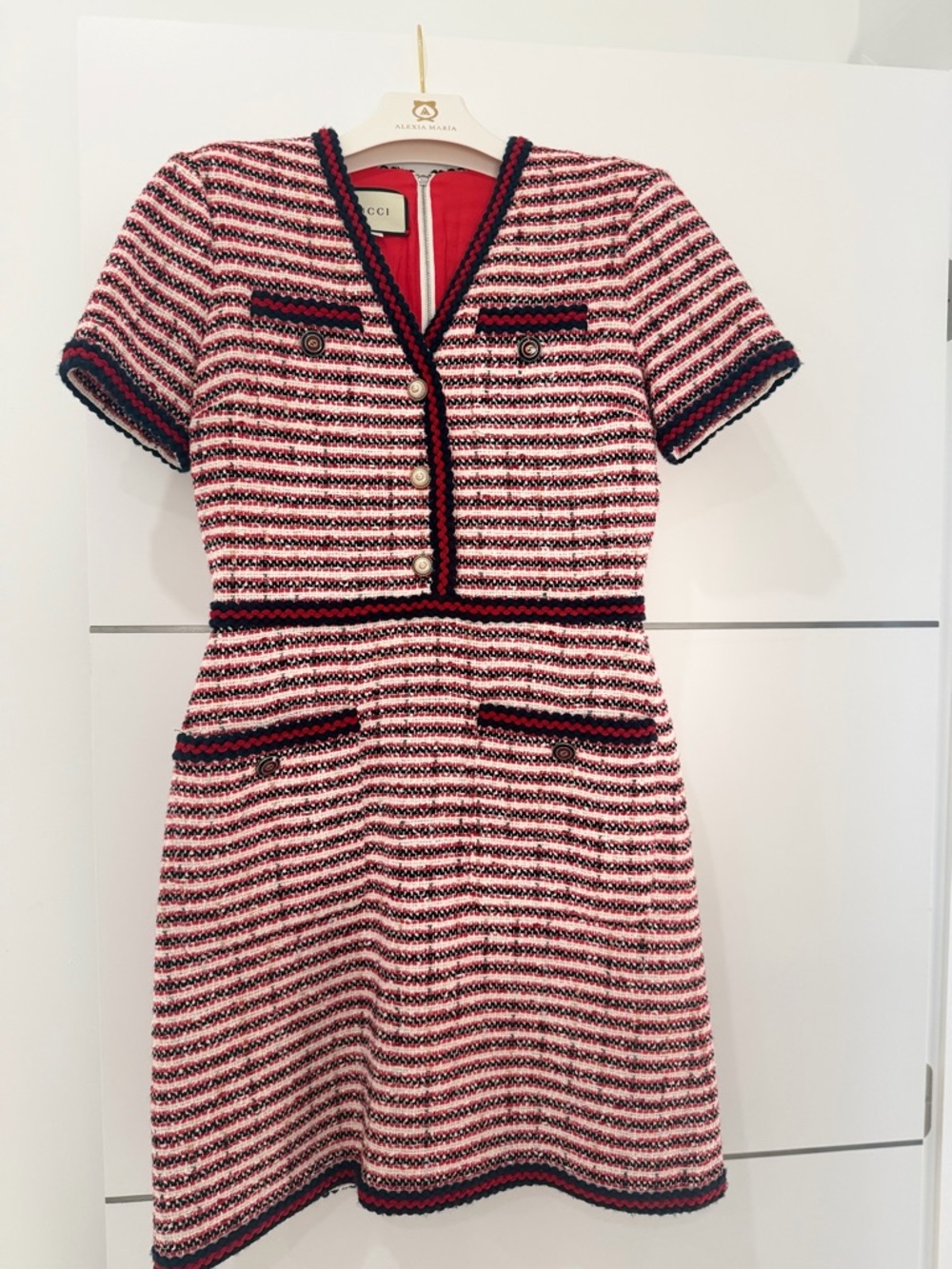 Gucci Pink and Navy Striped Tweed Short Dress